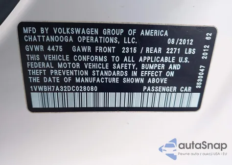 2013 Volkswagen Passat 2.5L Se from USA, damaged, VIN 1VWBH7A32DC028080